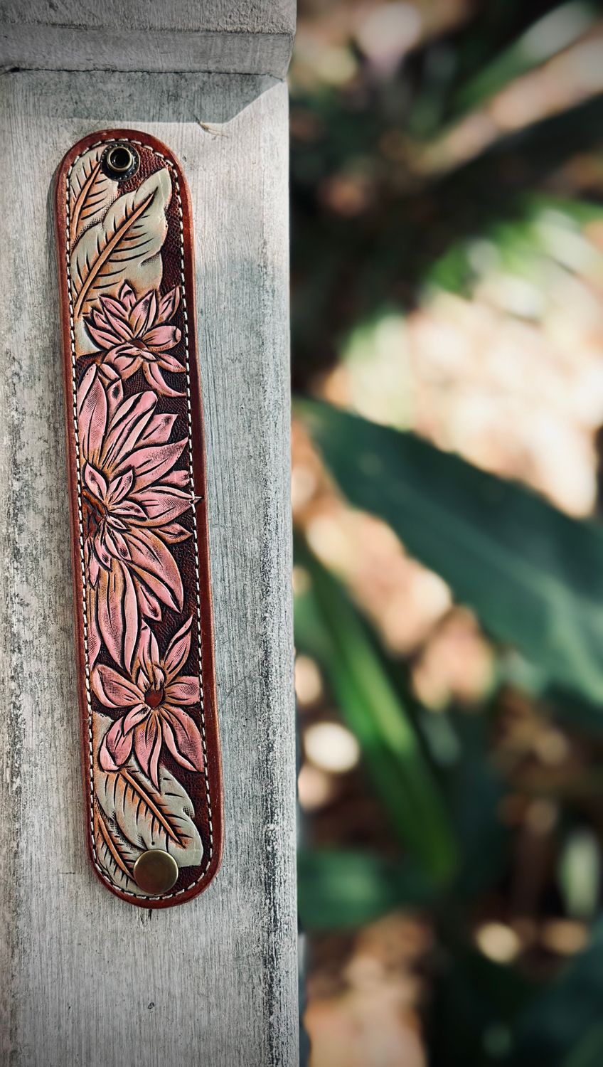 Tooled Leather Cuff/Pink Flowers