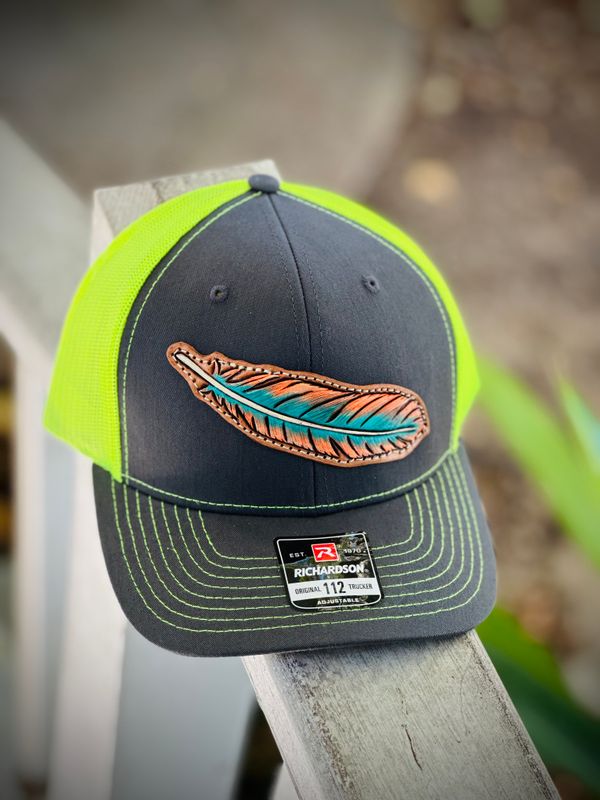 Grey and Neon Green Richardson 112 with Tooled Feather Patch
