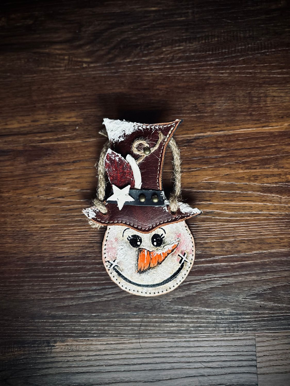 Leather Snowman Ornament-Red White and Blue