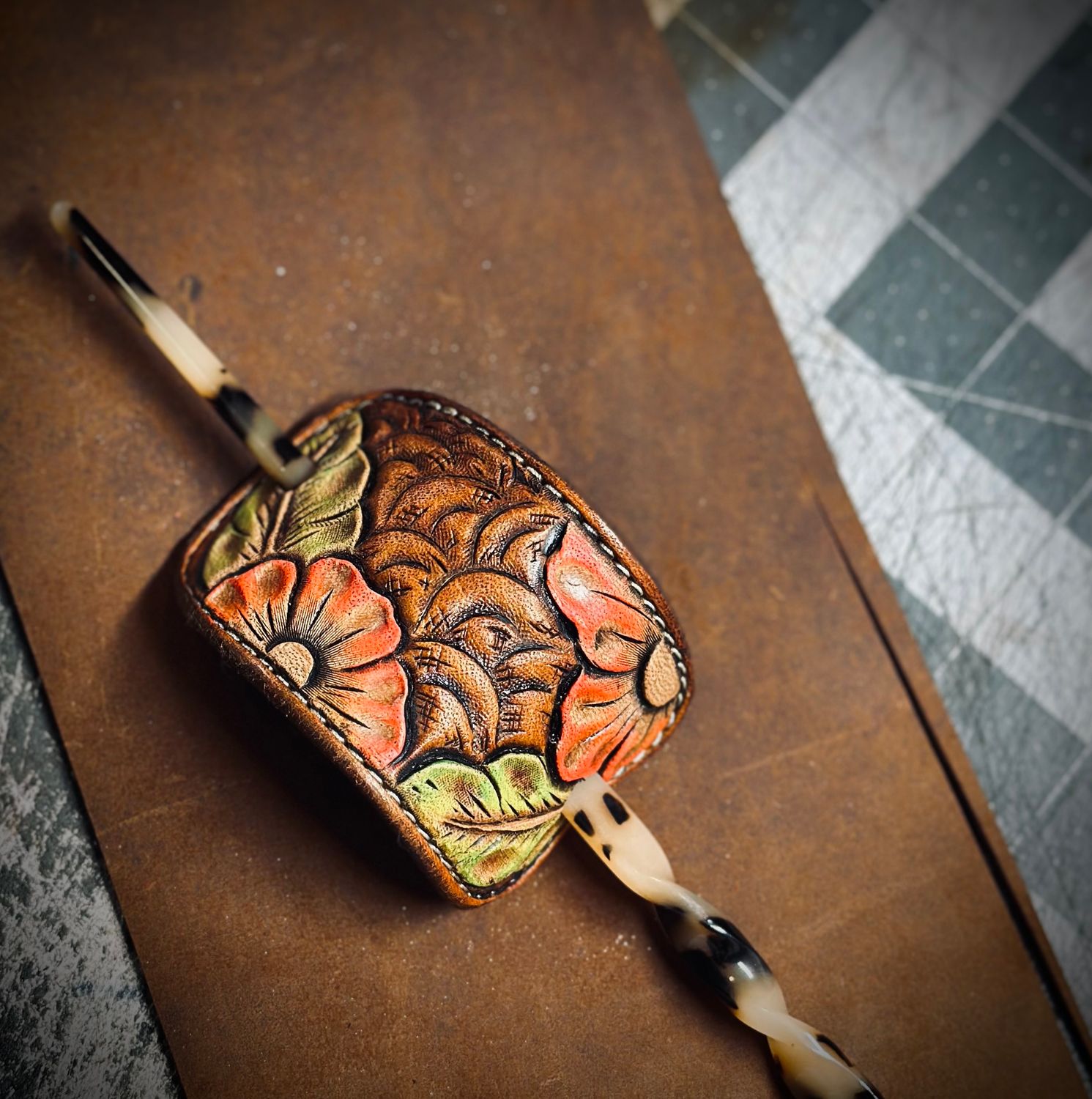 Flower Tooled Leather Barrette w/stick