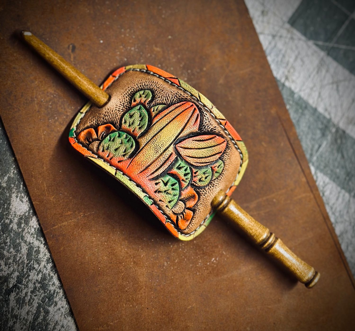 Cactus Tooled Leather Barrette w/stick