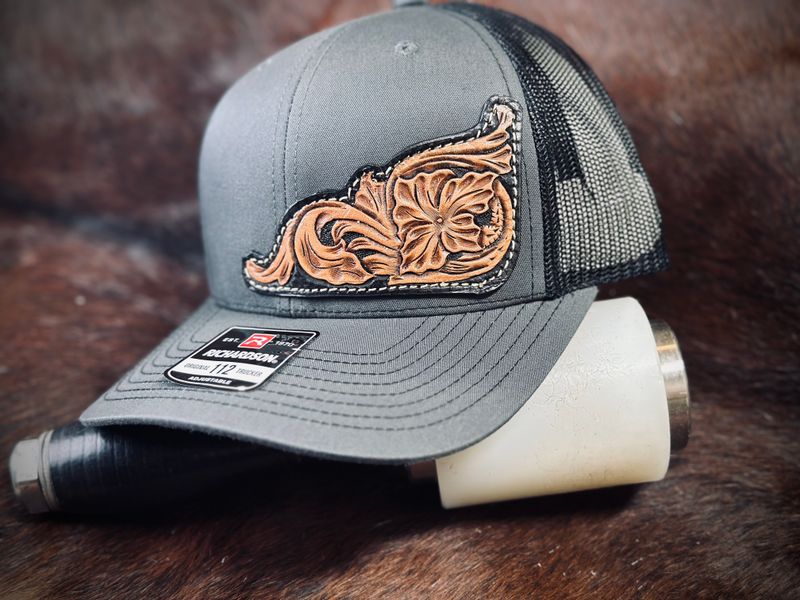 Grey/Black Hat w/ Tooled corner patch