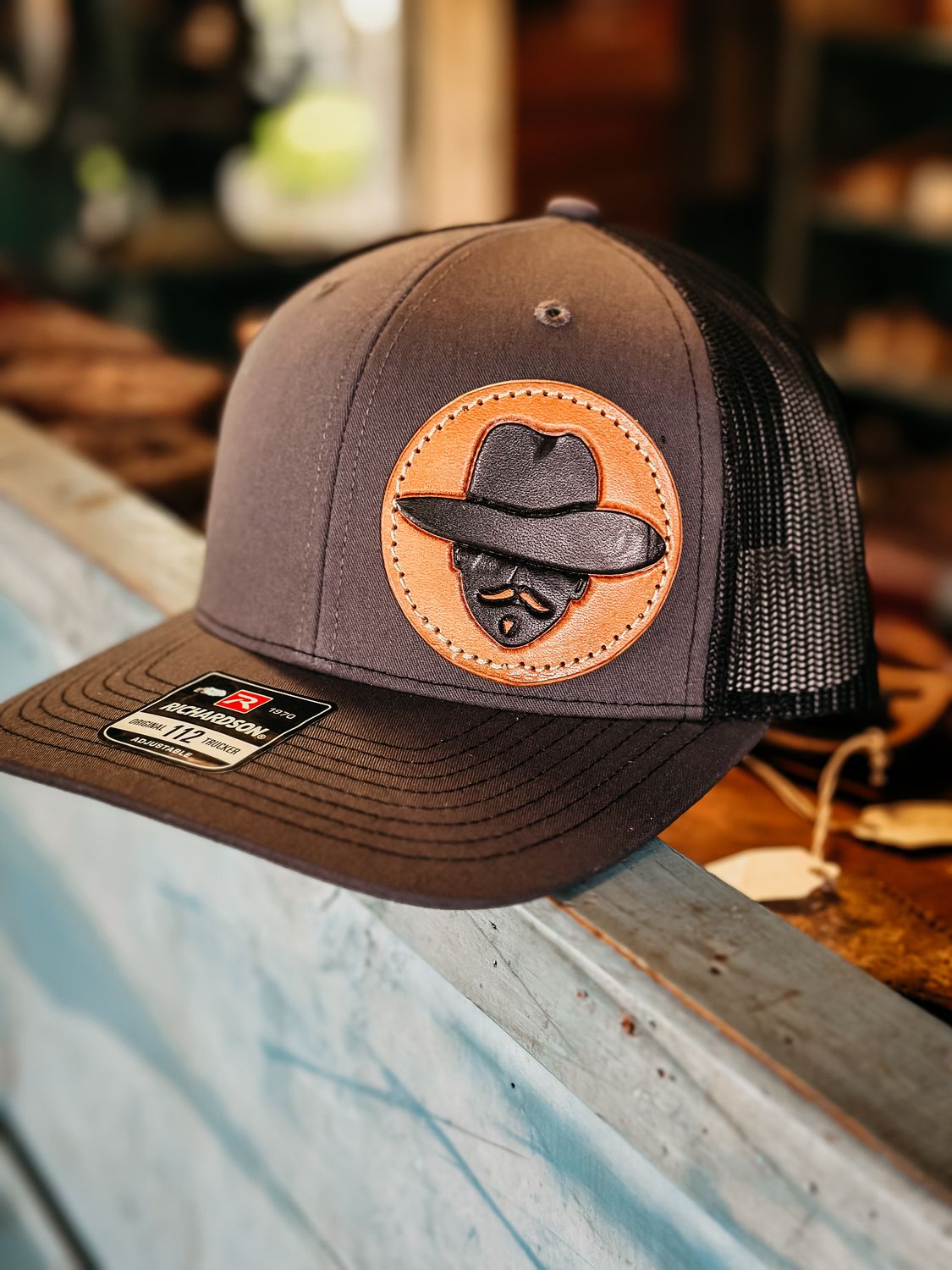Grey and Black Richardson 112 w/Tooled Tombstone Patch