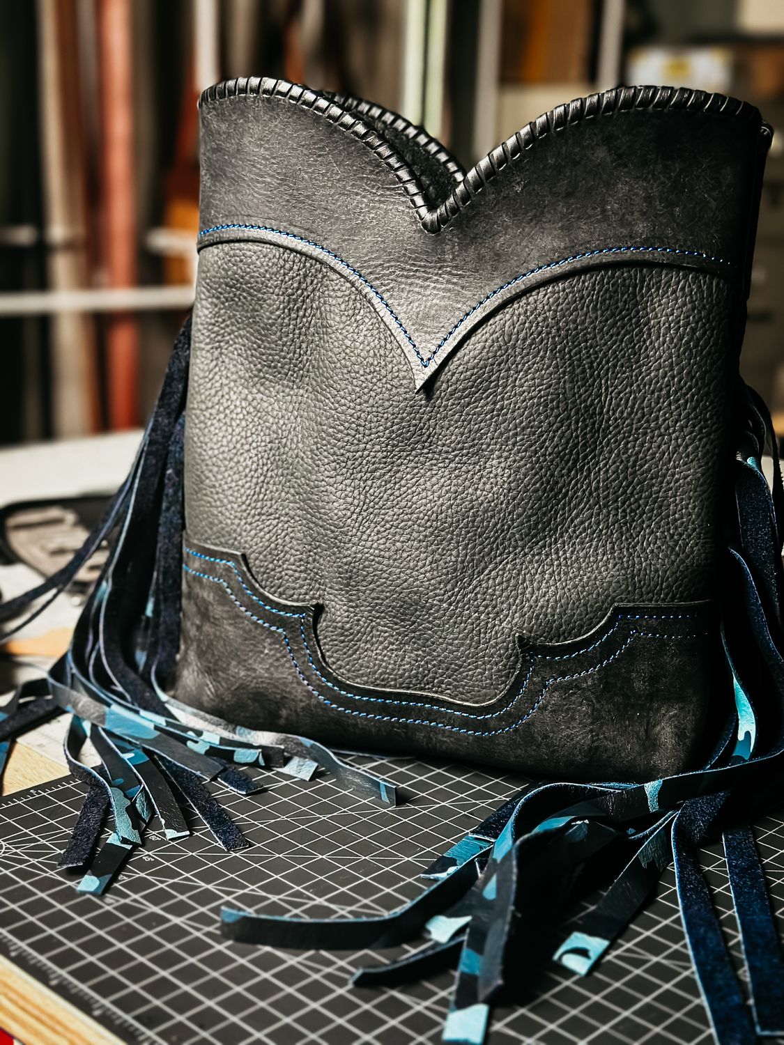 Black Boot Top Bag w/Blue camo Fringe