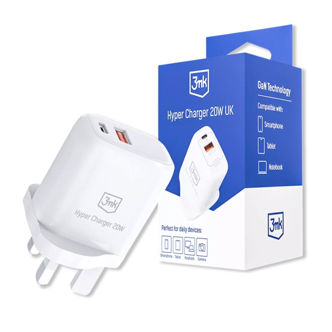 Fast Charge Wall Plug 20W | Dual Port Type C / USB-A Outlet | White