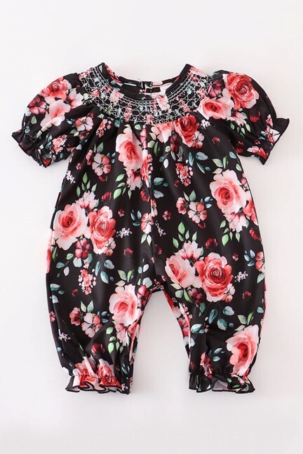 Black Floral Smocked Romper