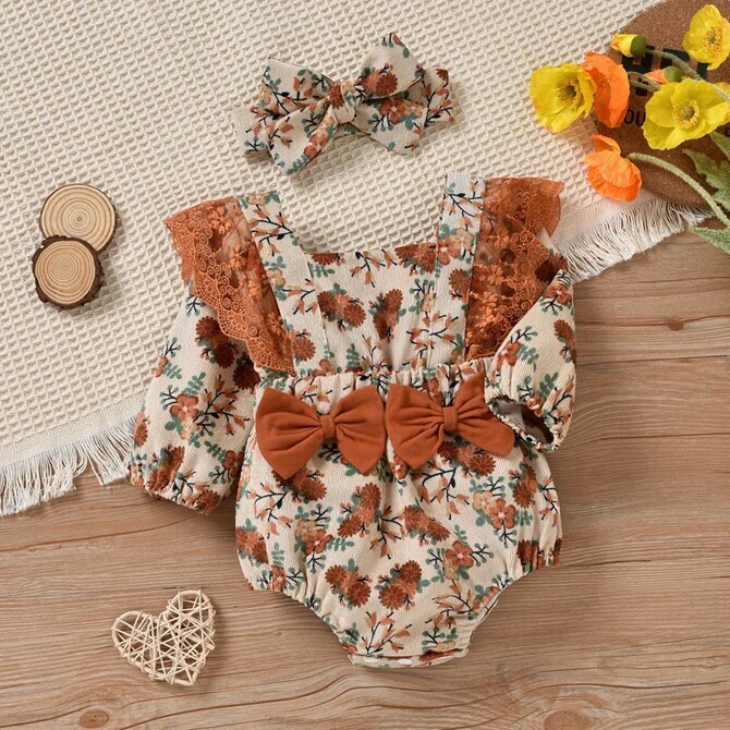 Fall Floral Lace Romper &amp; Bow Set