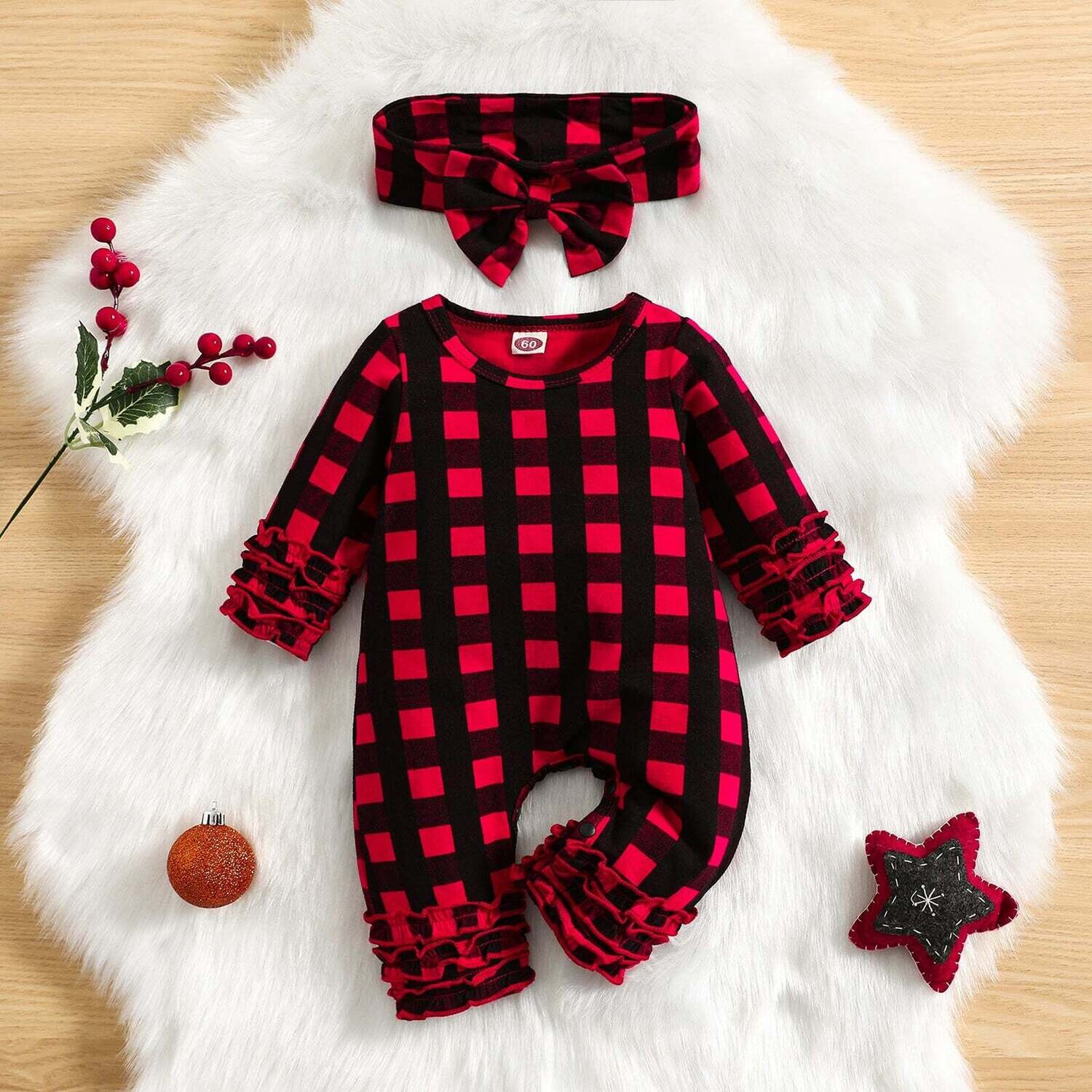 Plaid Ruffle Romper &amp; Bow Set