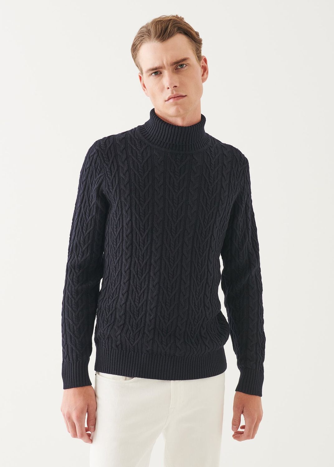 PATRICK ASSARAF MERINO CABLE KNIT TURTLENECK NAVY
