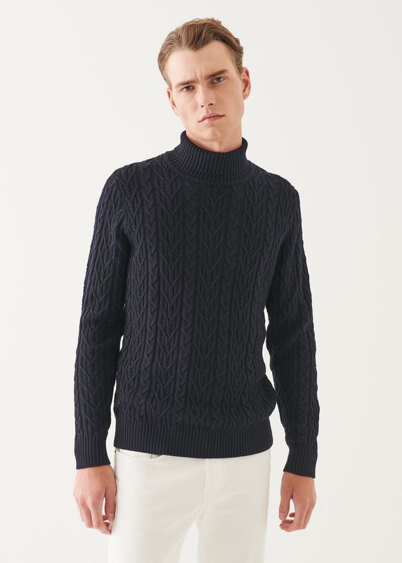 PATRICK ASSARAF MERINO CABLE KNIT TURTLENECK NAVY