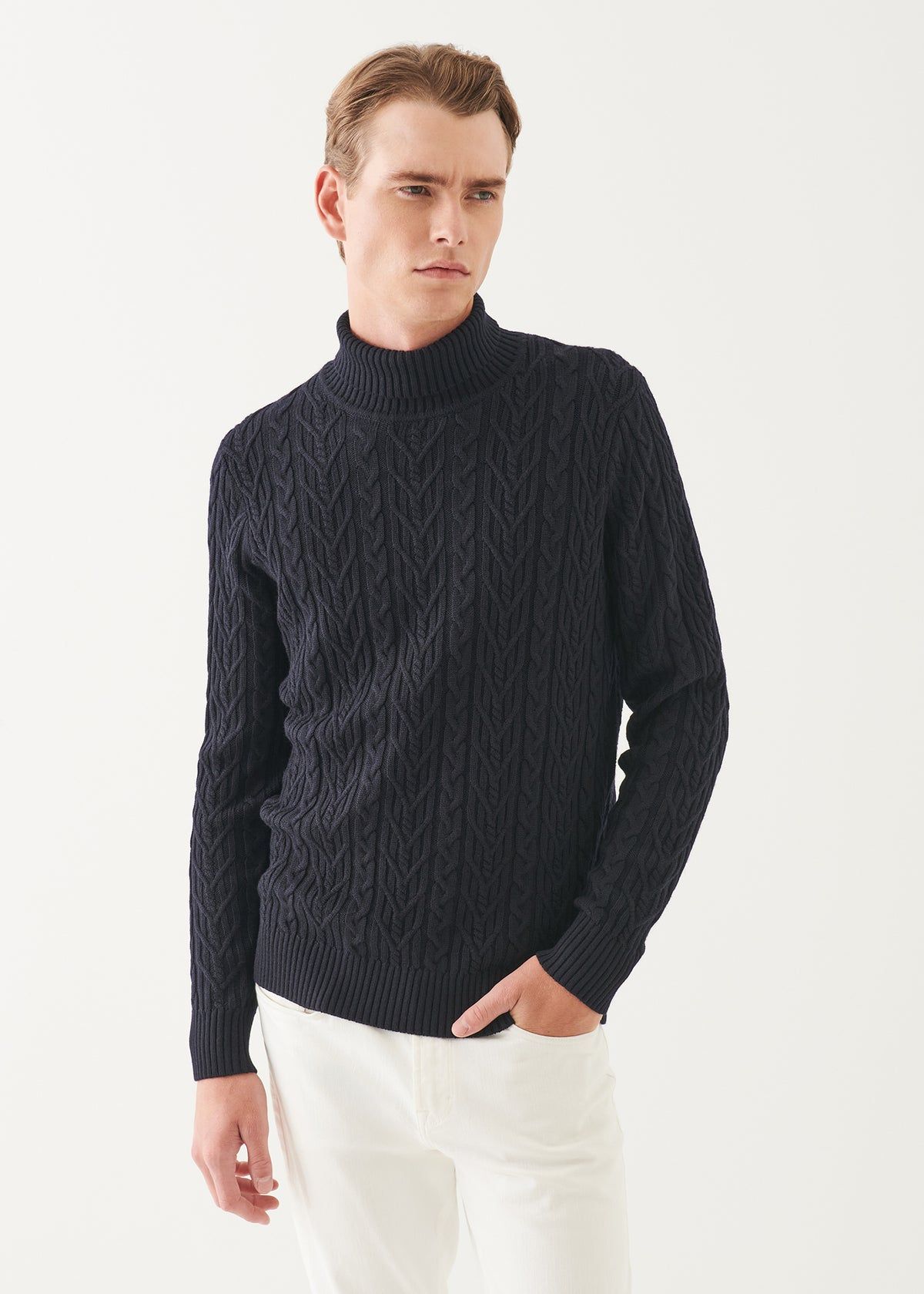 PATRICK ASSARAF MERINO CABLE KNIT TURTLENECK NAVY