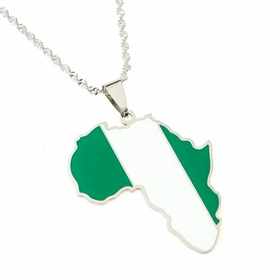 Africa Map Nigeria Flag Pendant Necklace Gold Color Stainless Steel