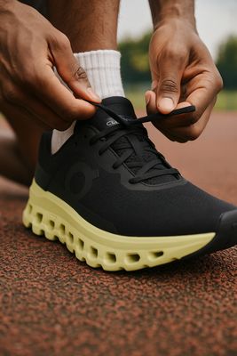 ON Cloudmonster running trainers in black and lime green