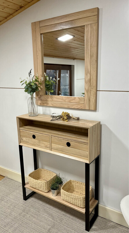 CONJUNTO MUEBLE Y ESPEJO ROBLE Y ACERO