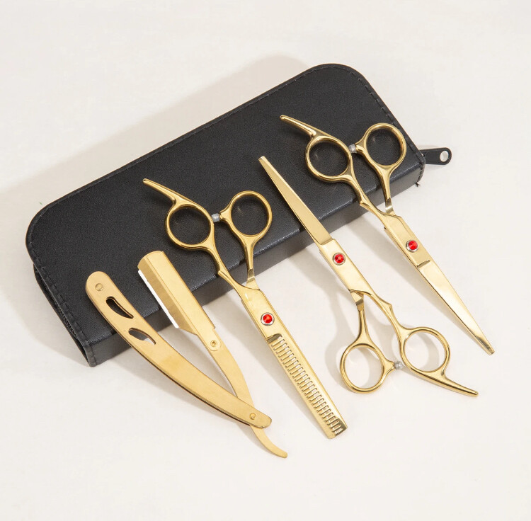 kit 3  tijeras y 1 navaja acero inoxidable doradas