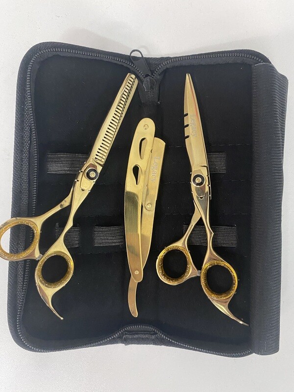Pack tijeras profesionales y navaja  N 6  en dorado