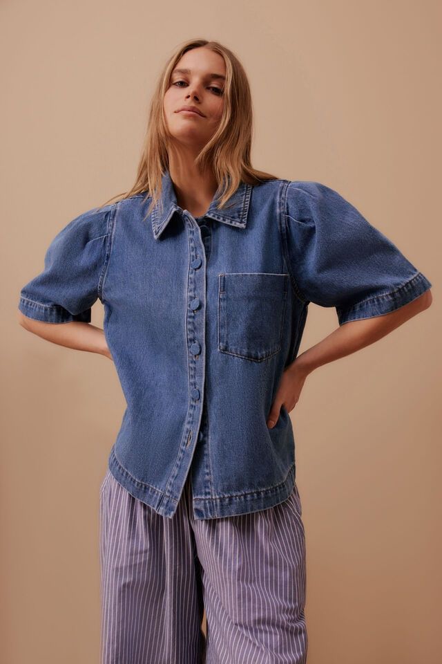 Dylan Pleat Sleeve Denim Shirt