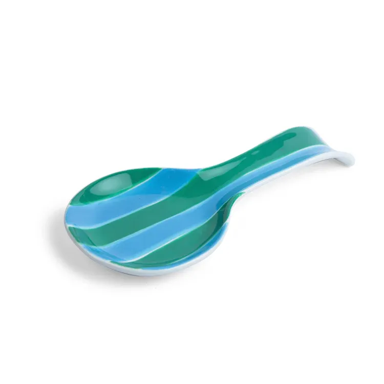 Ceramic Spoon Rest - Green &amp; Cornflower Blue Stripe