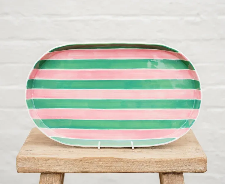 Oval Ceramic Platter Pink &amp; Green Stripe