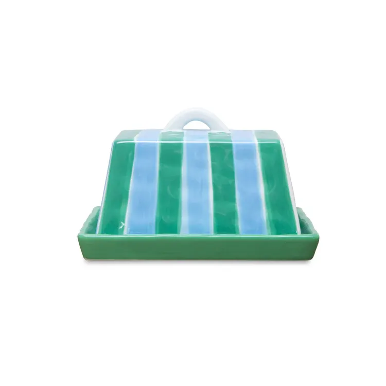 Ceramic Butter Dish Cornflower Blue &amp; Green Stripe