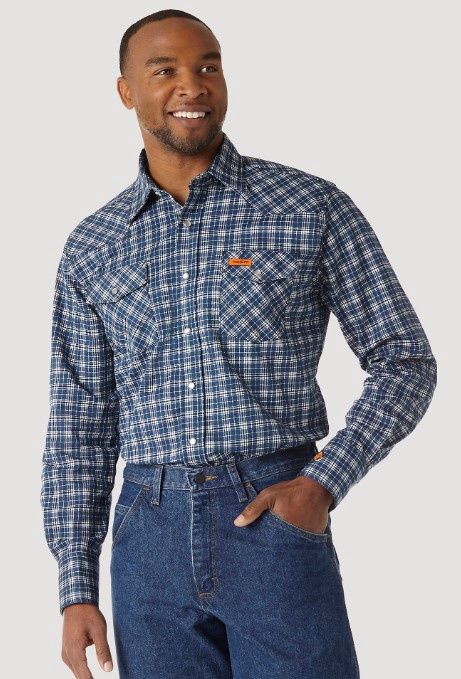 Wrangler FR Long Sleeve Snap Shirt, Colour: Blue, Size: S