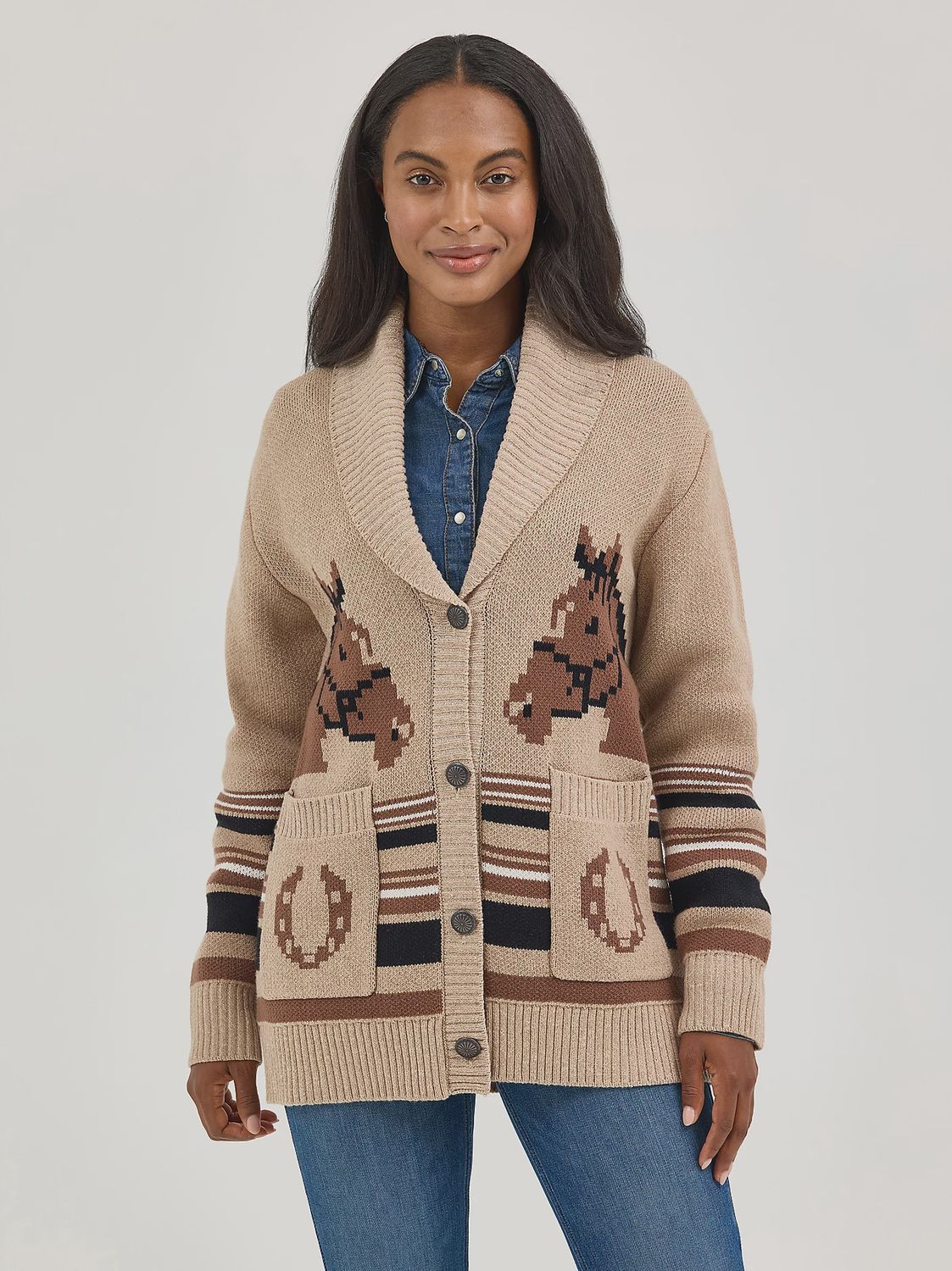Wrangler Women’s Western Cardigan Horse  7476, Colour: Tan, Size: XS