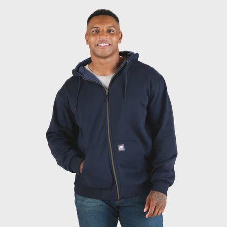 Berne Heritage Grid Fleece-Lined Full Zip Hooded Sweater, Navy: Navy, Size: S
