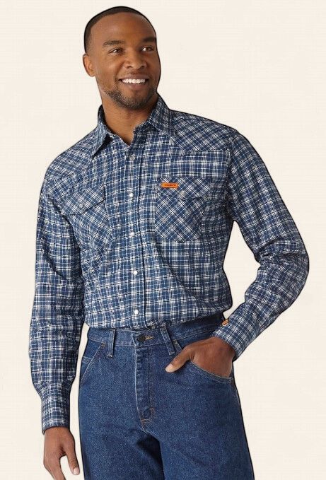 Wrangler FR Long Sleeve Snap Shirt, Colour: Blue, Size: S