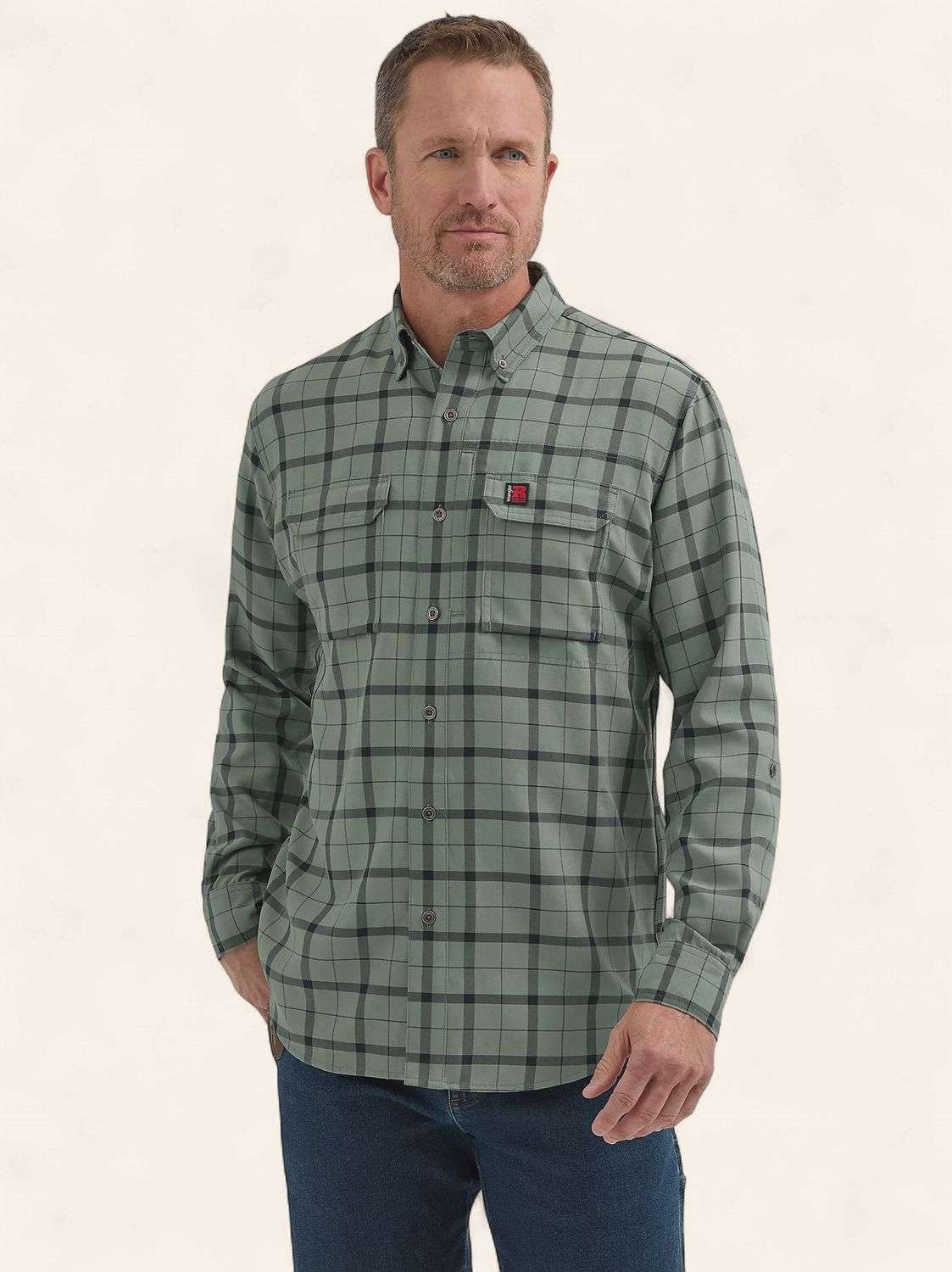 Wrangler Technical Work Shirt LS Button 0167, Colour: Green Plaid, Size: S