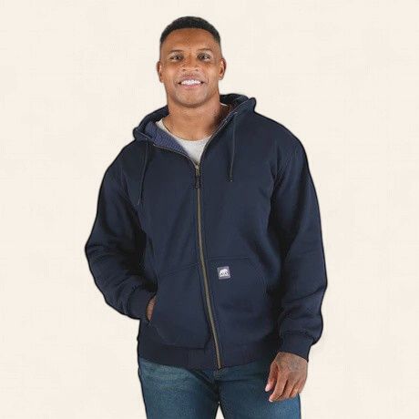 Berne Heritage Grid Fleece-Lined Full Zip Hooded Sweater, Navy: Navy, Size: S