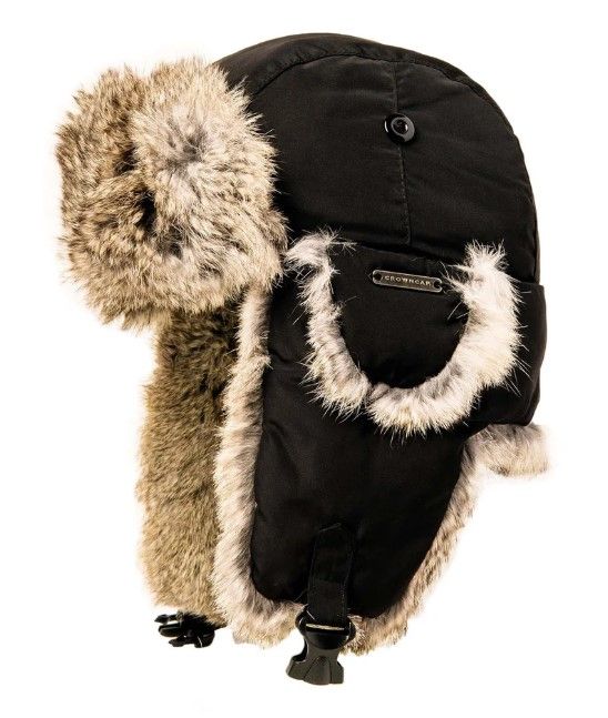 Crown Cap  Aviator Bomber Hat with Rabbit Trim, Colour: Black/Grey, Size: M