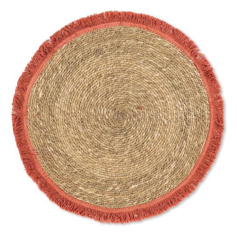 Placemat - round fringe natural  rust 15&quot;