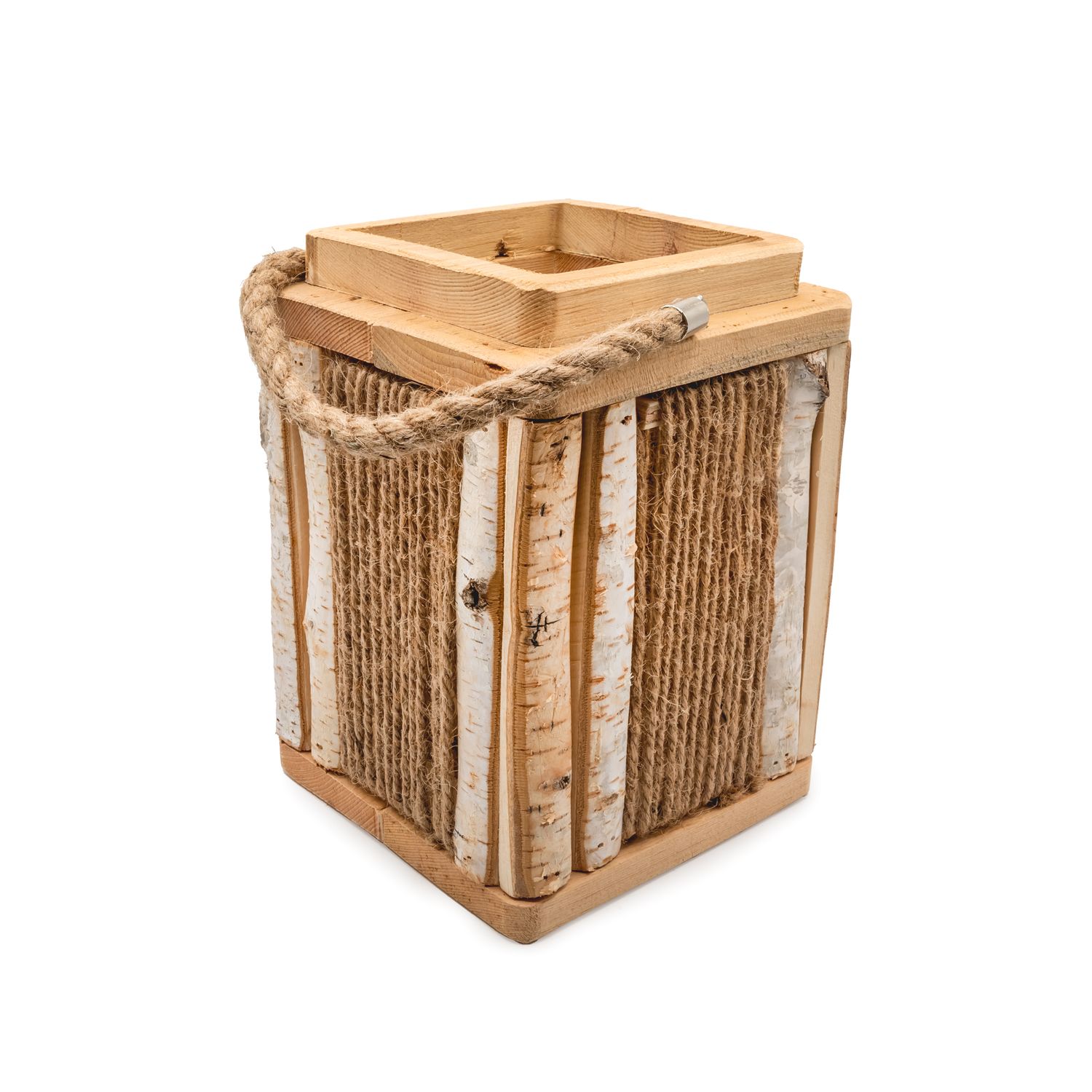 Lantern - Rec. Birch with Rope w glass 15X15X21 cm