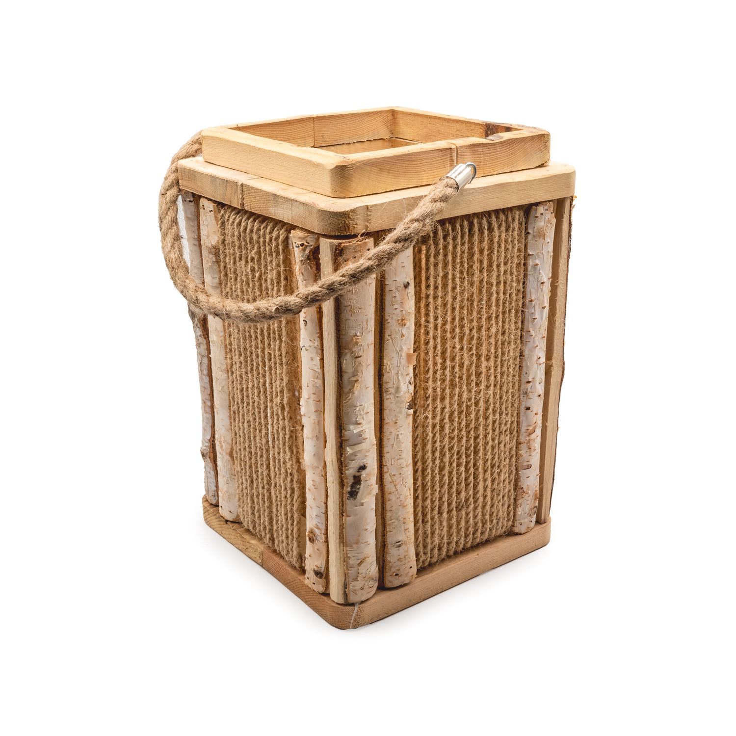 Lantern - REC. Birch with Rope w glass 17X17X26 cm