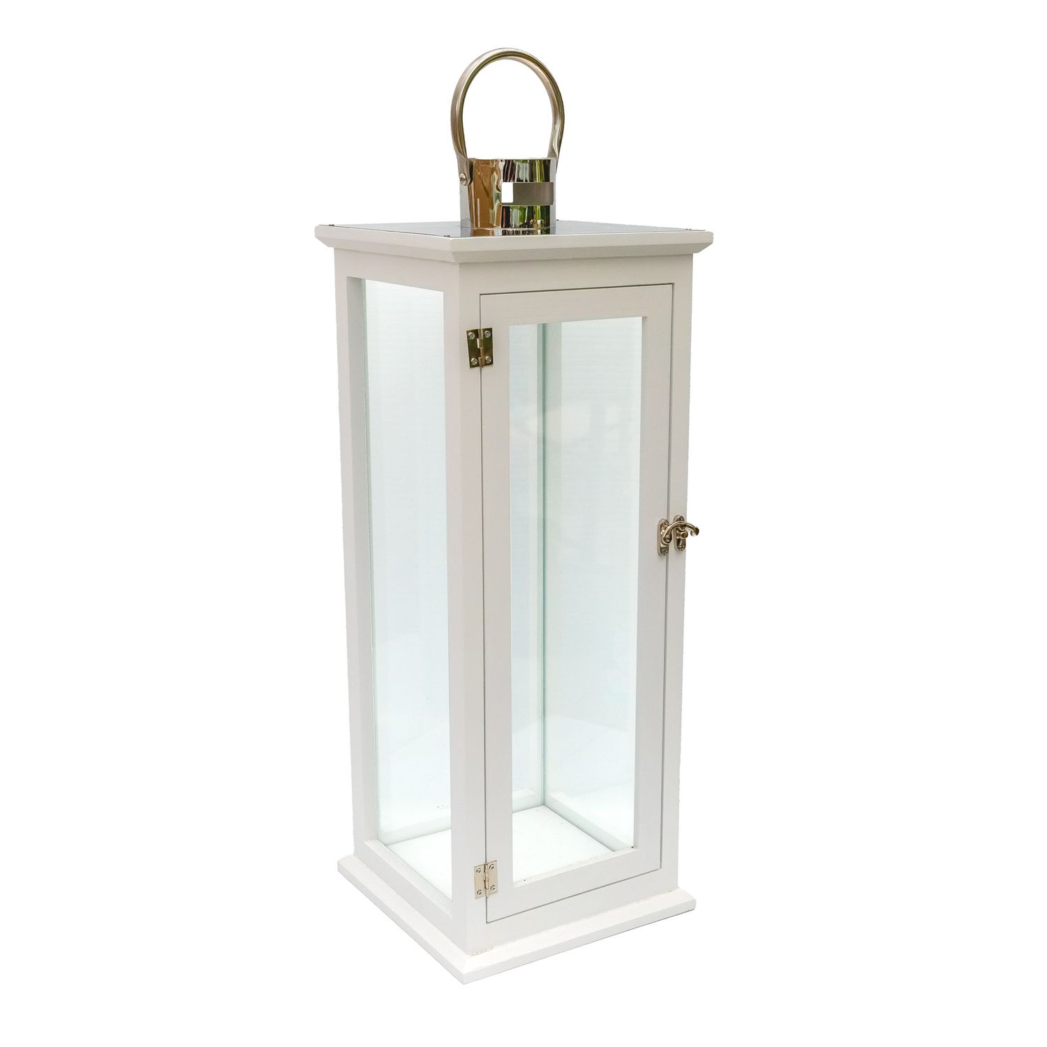 Storm Lantern White Wood w Silver Handle MED 20*20*54 cm