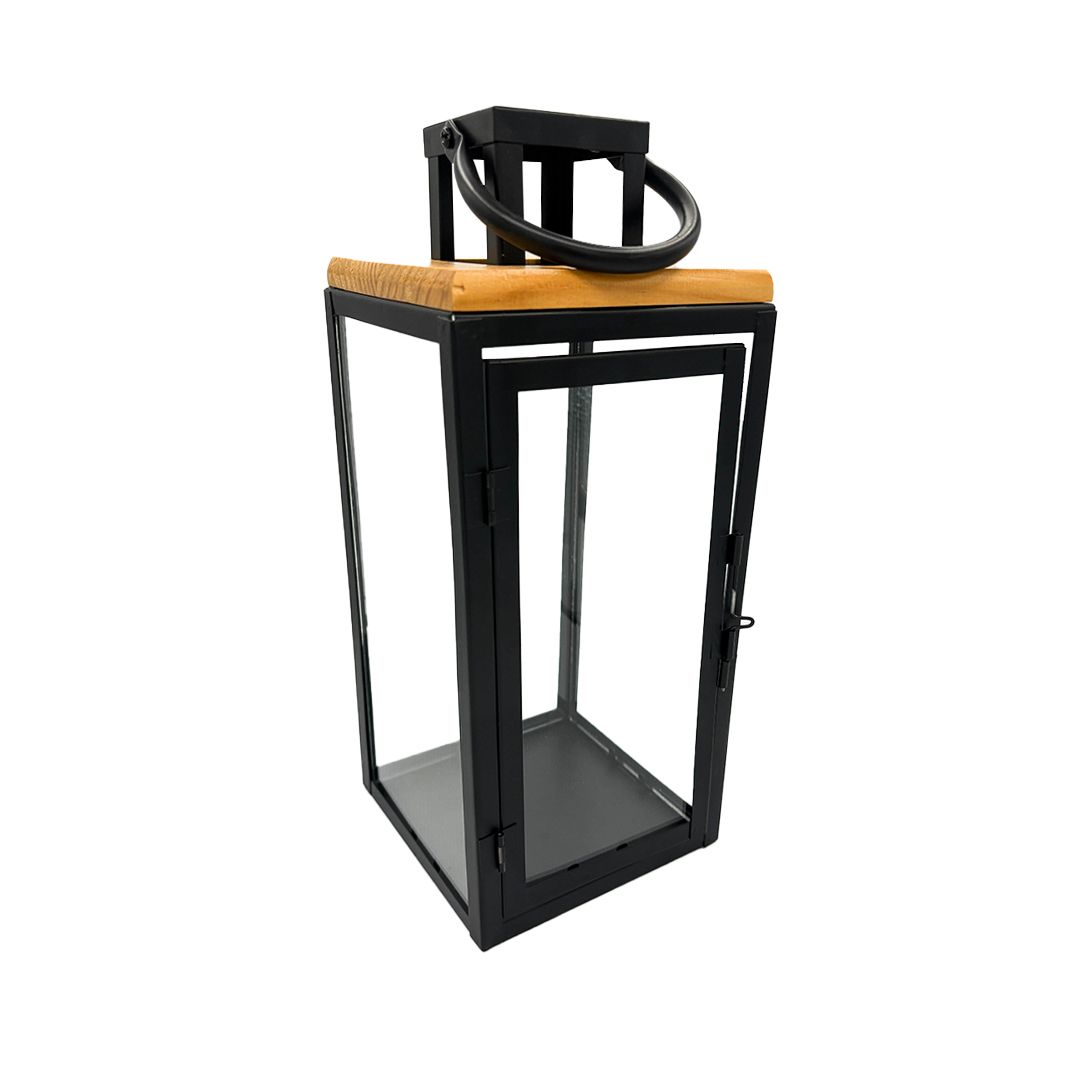 Lantern Modern Black with Wood Lid Small 13*13*31cm
