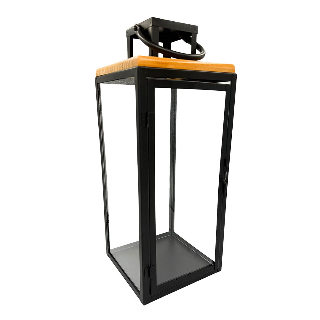 Lantern Modern Black with Wood Lid Medium 16*16*40cm