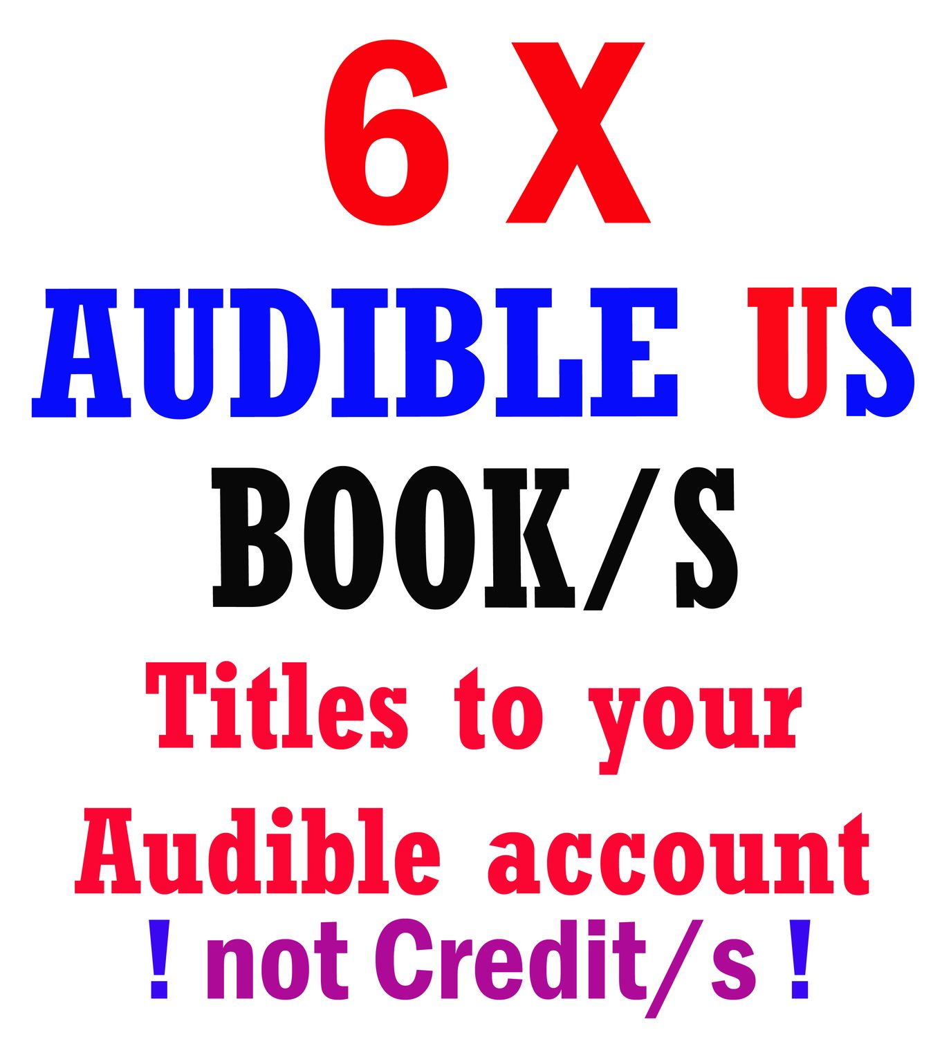6x Audible USA Store Credit/s Gift title option (Not direct Credit) Add 6 Audible US credits/titles to your audible account