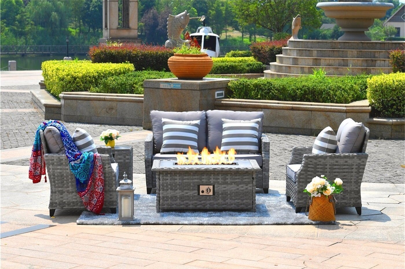 Direct Wicker Fire Pit Table With Chair Rattan Wicker Sofa Set out Door  Furniture Garden Set-Grey