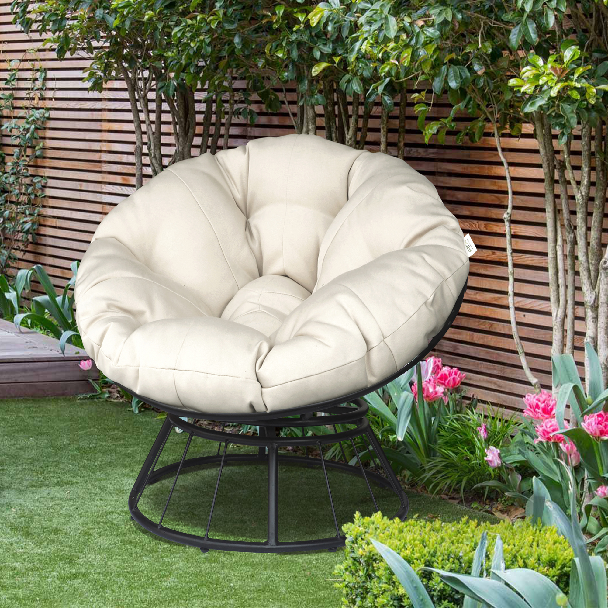 360-degree Swivel base Outdoor Papasan Chair with Beige Cushion  and Durable Frame