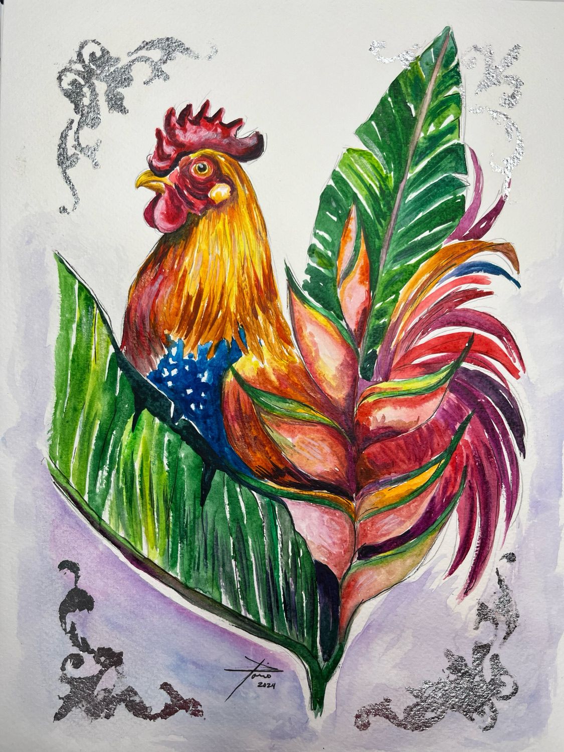 Gallo entre la Heliconia