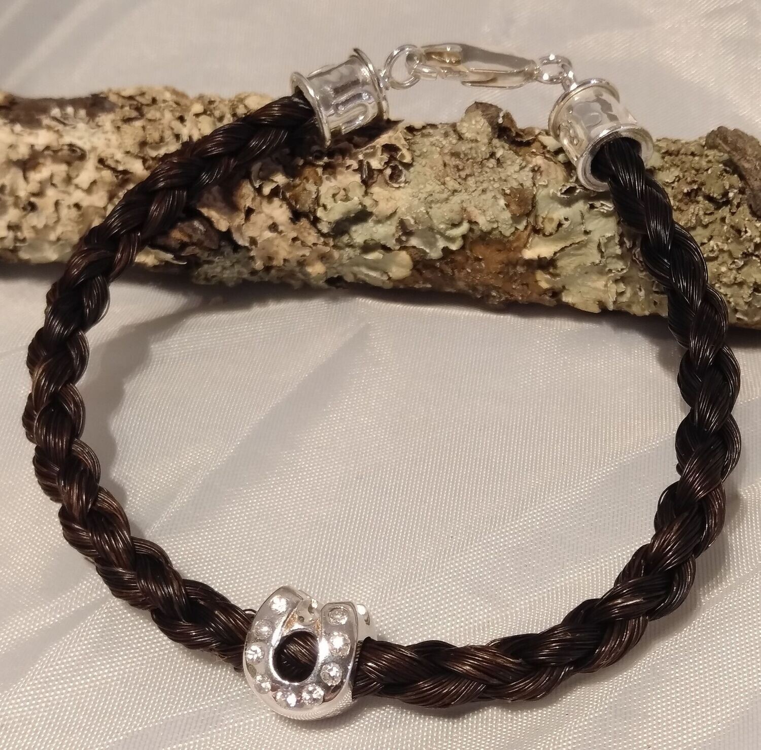 Horsehair keepsake bracelet made using your own horses hair. Sterling silver findings.  sterling silver horseshoe charm bead. Memory jewellery. Memorial jewellery