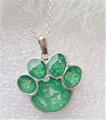 Sterling Silver paw pendant and chain to contain a stone encapsulating the hair, fur or ashes you send me.  Memorial Jewellery Keepsake Jewellery. Can be personalised on the back