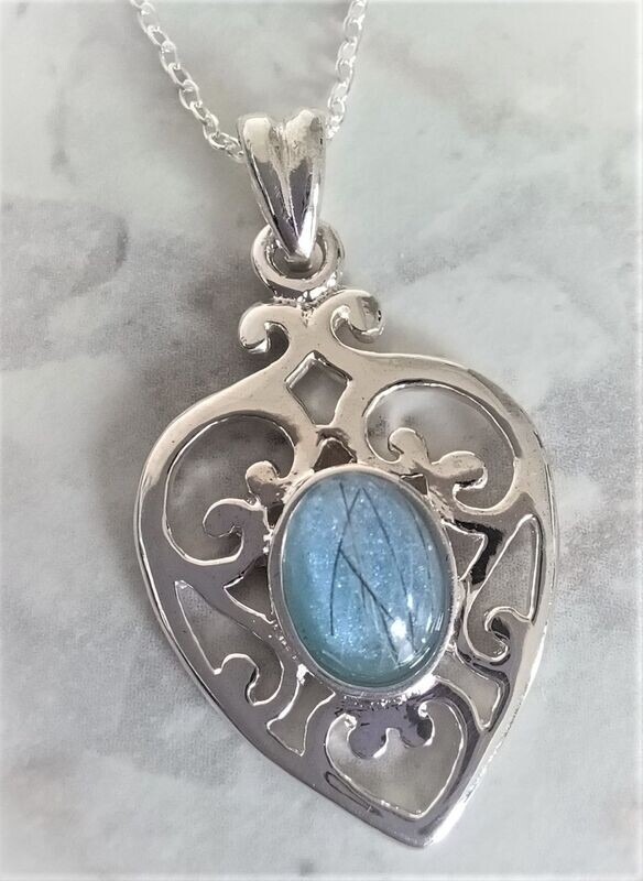 Sterling Silver fancy heart pendant and chain to contain a stone encapsulating the hair, fur or ashes you send me.  Memorial Jewellery Keepsake Jewellery