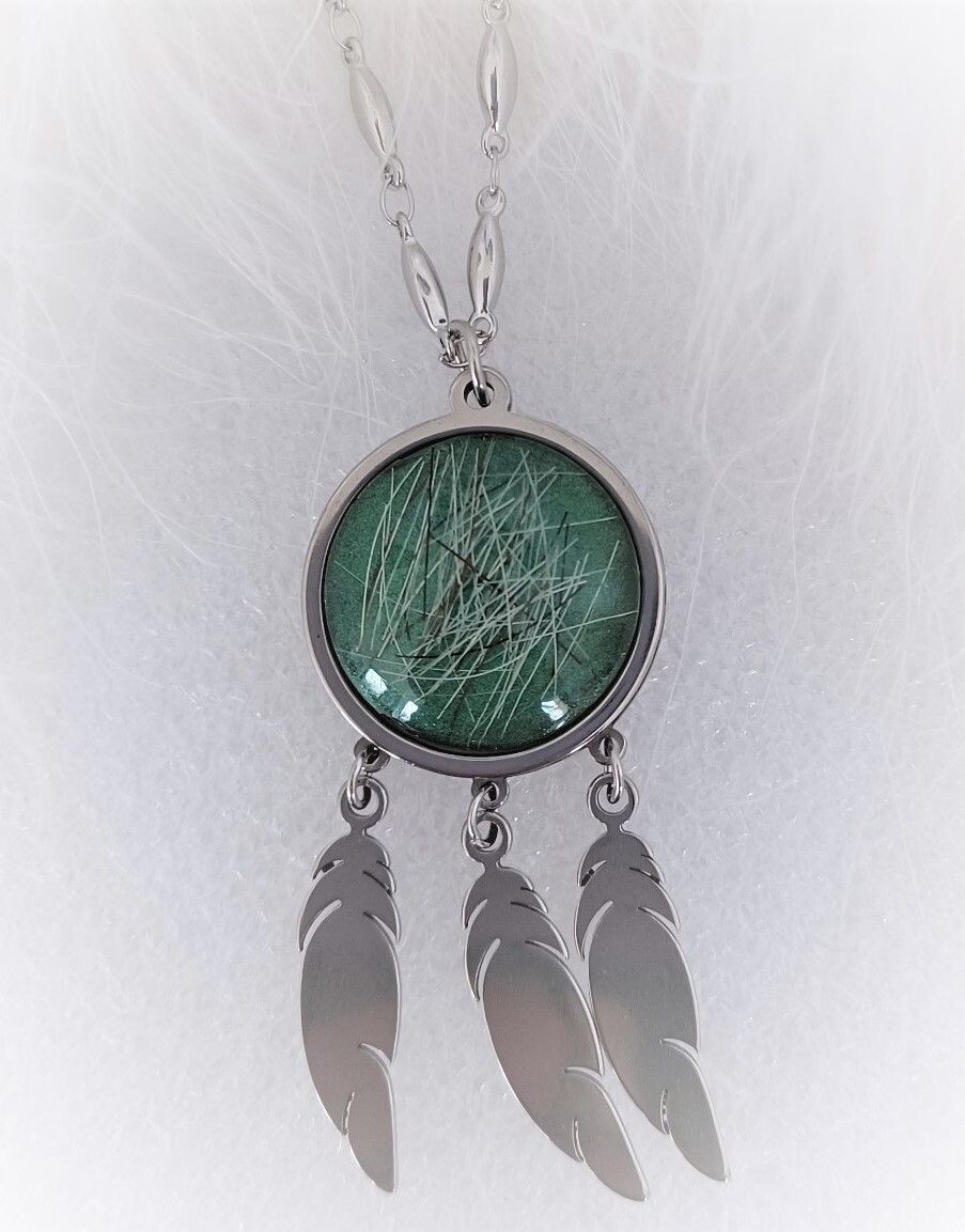 Stainless steel feather detail pendant and chain with a stone encapsulating the fur, hair or ashes you provide. Keepsake Jewellery. Memorial Jewellery. Memory Jewellery