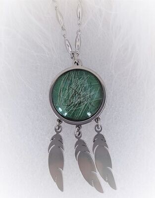 FEATHER pendant & chain 20mm cabochon - Stainless Steel