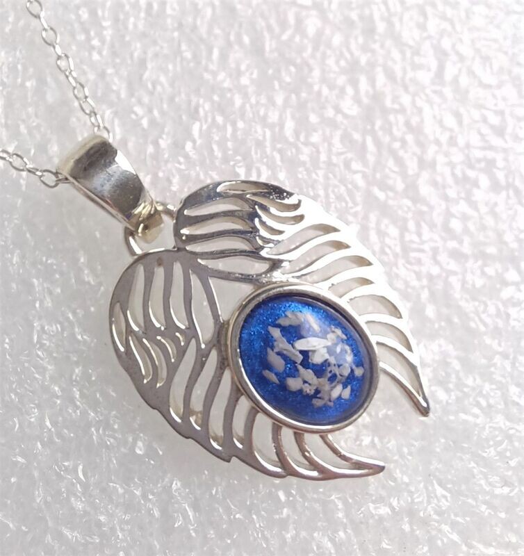 Sterling Silver Angel wing pendant with a stone to contain the hair, fur or ashes you send. Memorial Pendant, Keepsake Pendant.  Comes complete with chain