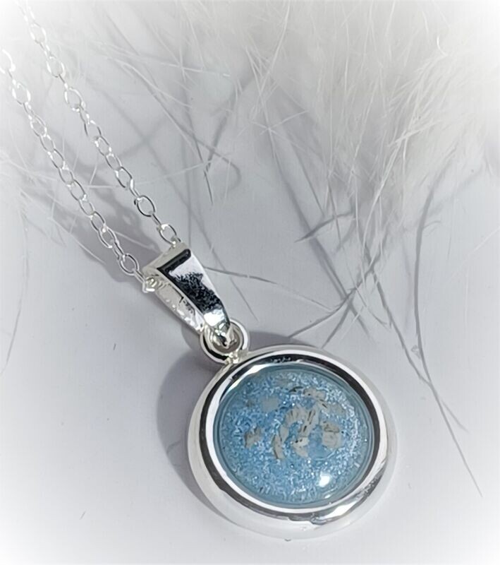 Sterling Silver round cushioned pendant and chain to contain a stone encapsulating the hair, fur or ashes you send me.  Memorial Jewellery Keepsake Jewellery