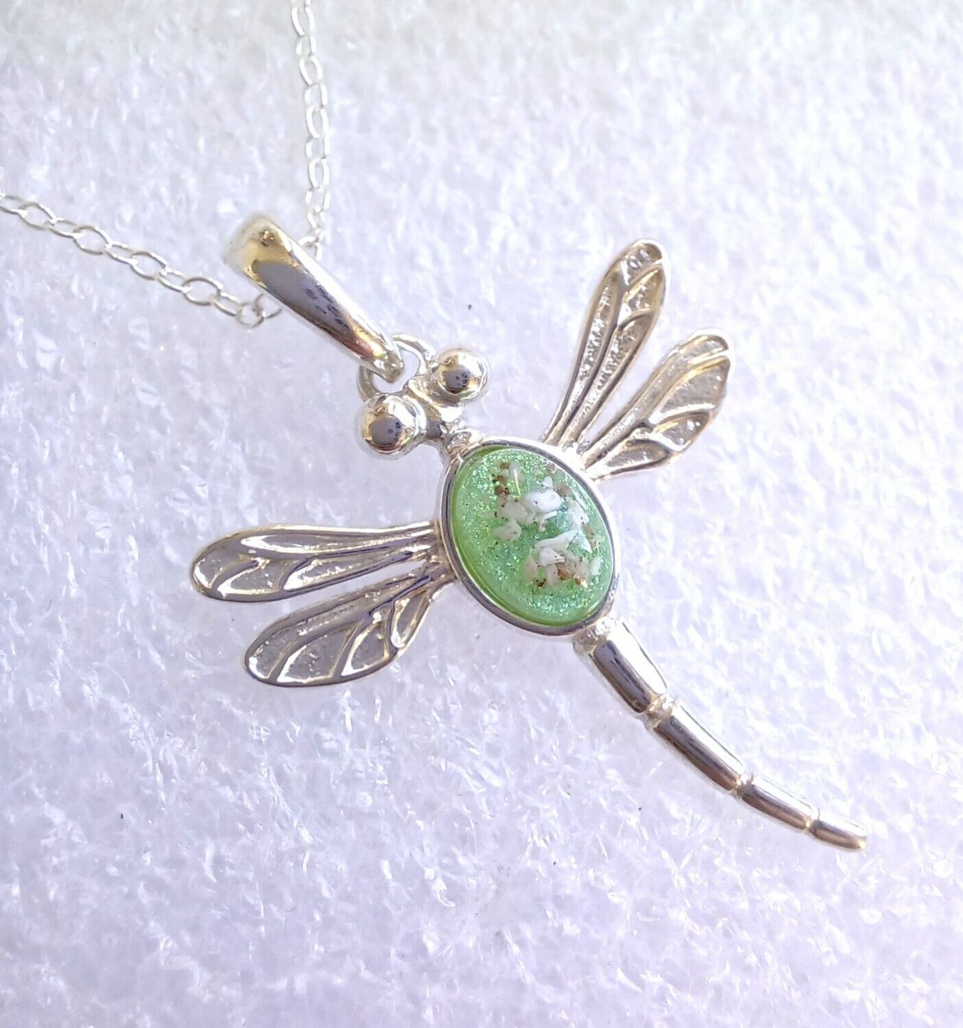 Sterling Silver dragon fly pendant and chain to contain a stone encapsulating the hair, fur or ashes you send me.  Memorial Jewellery Keepsake Jewellery