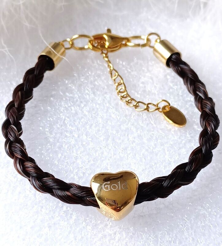 Horsehair keepsake bracelet made using your own horses hair with a personalised heart charm bead. Stainless steel Gold coloured findings. Memory jewellery
